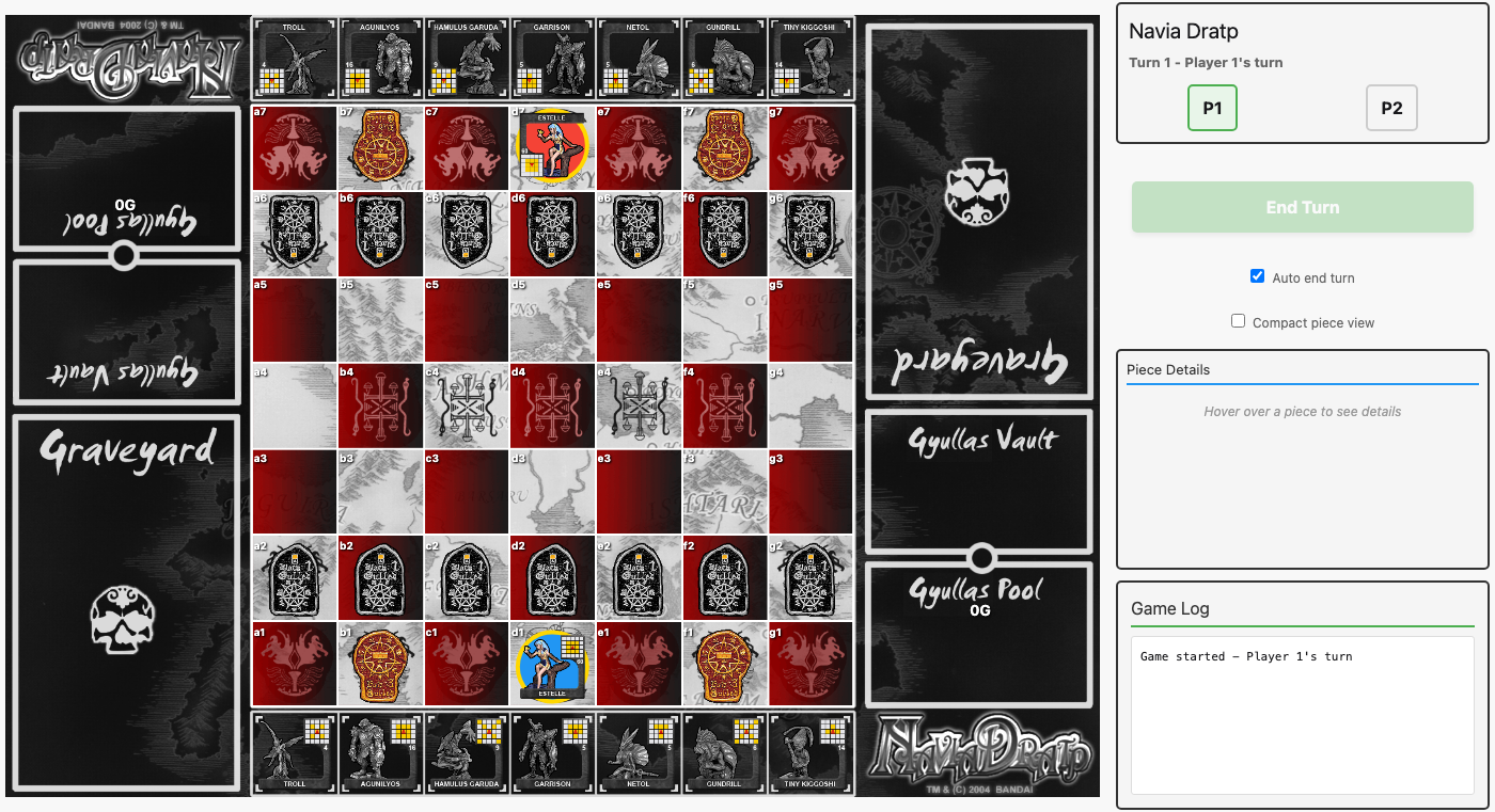 The game board in its initial state, showing the full 3-column layout with keeps, pools, vaults, and graveyards