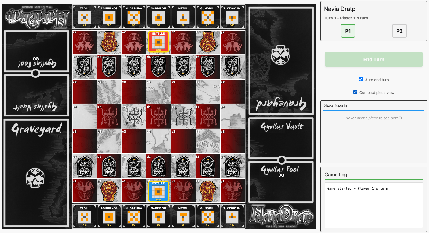 Board with compact piece view enabled, showing mini compass grids and piece names