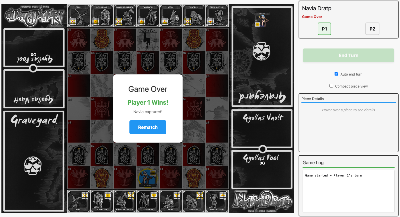 Game over overlay showing Player 1 wins by Navia capture