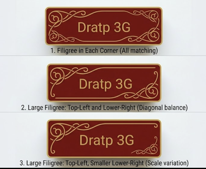 Three Gemini-generated filigree button variants showing different layout options