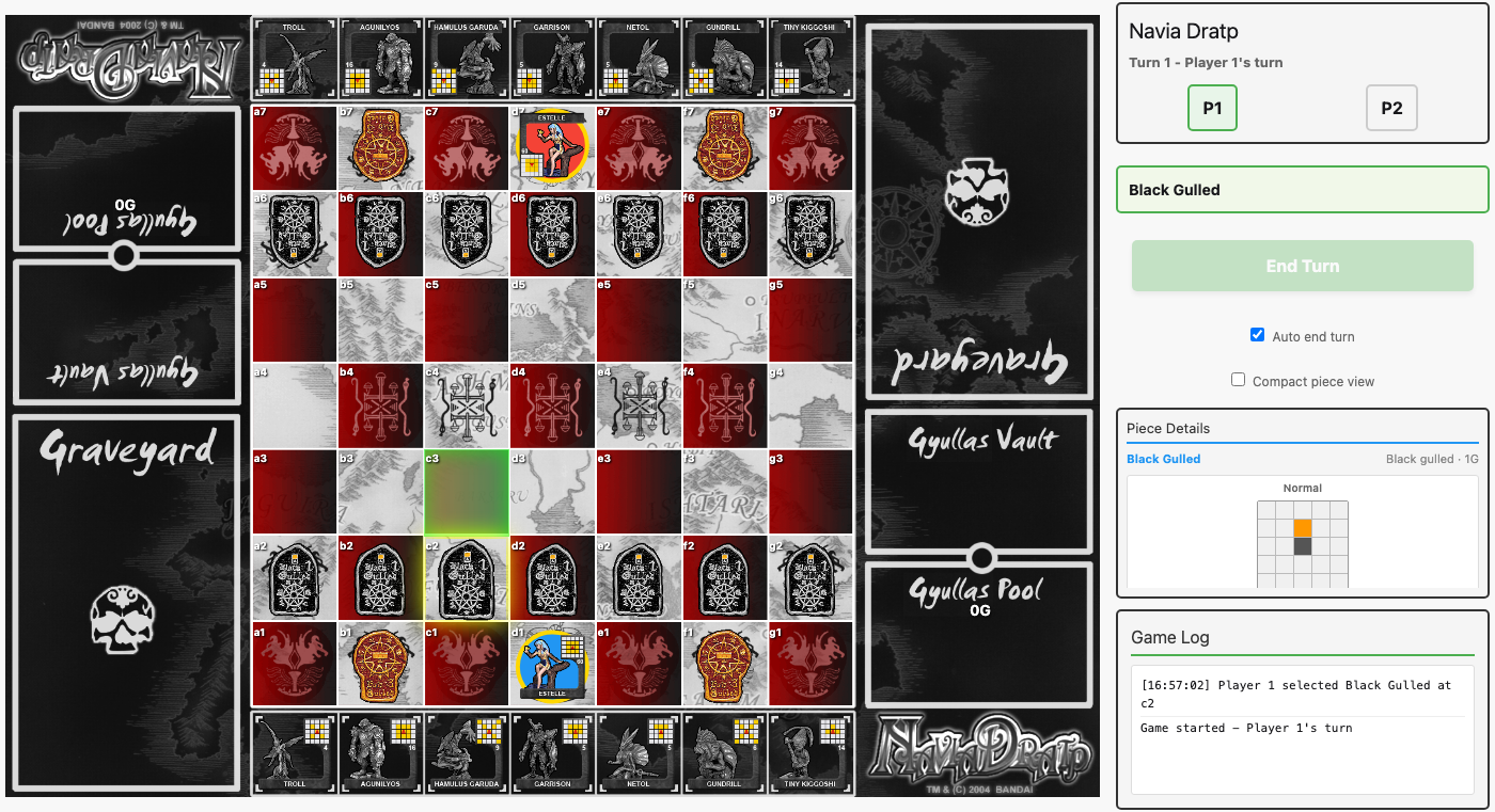 A Red Gulled selected with valid move squares highlighted in green